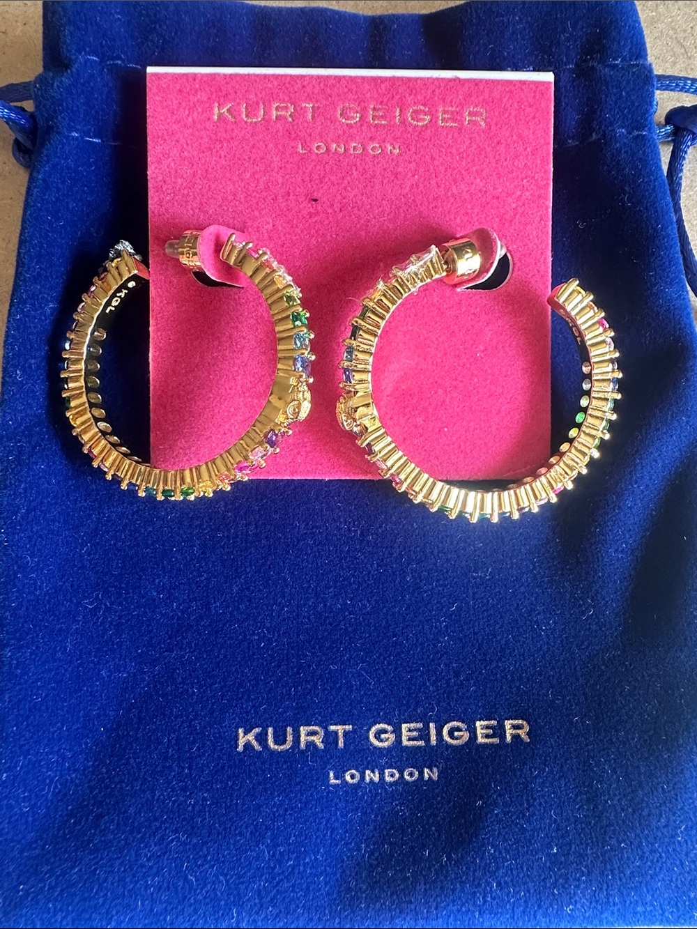 Kurt Geiger Gold Hoop Earrings with Rainbow Crystal Baguettes